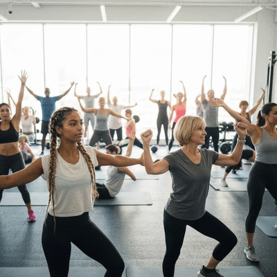Diverse group of people participating in a well-attended fitness class
