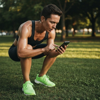 Person consulting a fitness app on a smartphone during a workout