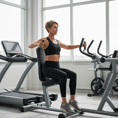 Fitness enthusiast using modern gym equipment, clean, bright setting