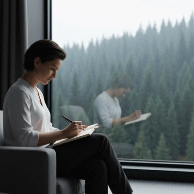Person writing in a journal with a pen, surrounded by motivational items, illustrating mental health planning