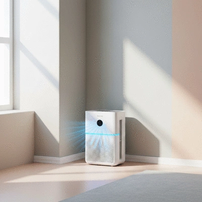 Modern smart air purifier operating in a clean, minimalist living room with natural light