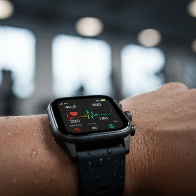 Close-up of a smartwatch displaying fitness metrics during a workout