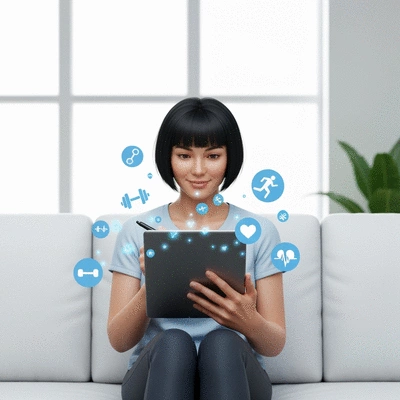 Person using a tablet to write a gym review, with fitness icons floating around