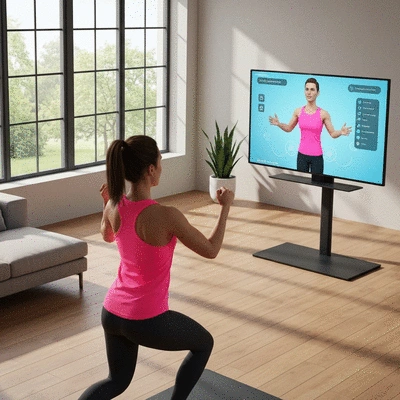 Person interacting with a virtual personal trainer on a large screen during a home workout
