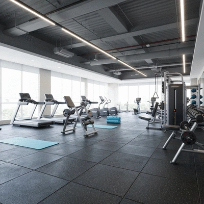 Modern gym interior with well-maintained equipment, bright lighting