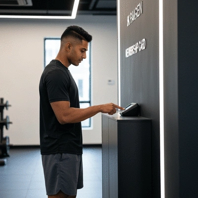 Person using a gym membership card at a modern gym entrance