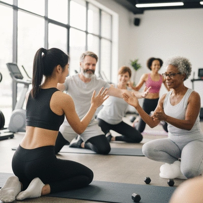 Diverse group of people collaboratively exercising in a modern, clean gym setting