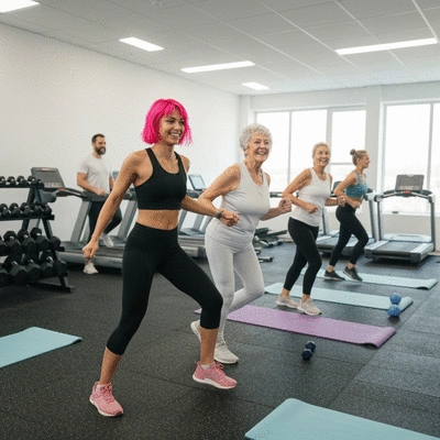 Diverse group of people happily working out in a clean, modern gym environment
