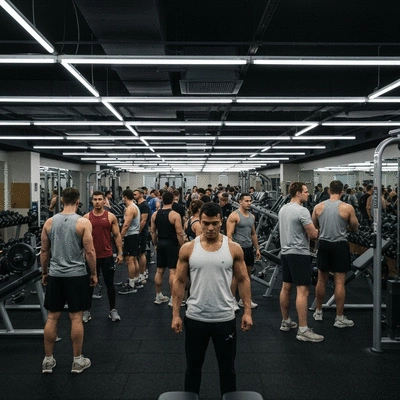 Overcrowded gym with people waiting for equipment