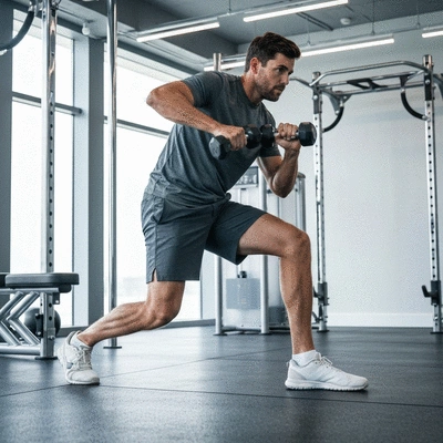 A golfer performing strength training exercises, focusing on core and rotational movements, in a modern gym setting. Dynamic pose, athletic, no text, no words, no typography, 8K.