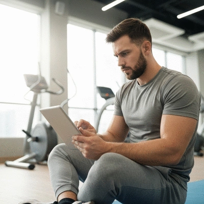 Person using a tablet to read gym reviews, with a gym background, no text, no words, no typography