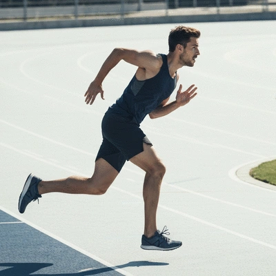 Person backward running on a track, focused and determined