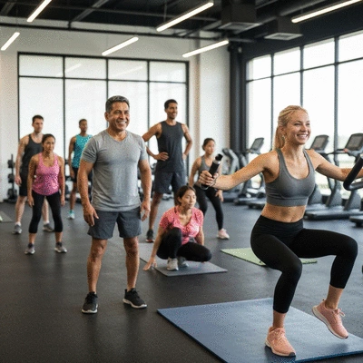 Diverse group of people exercising in a modern gym with bright lighting