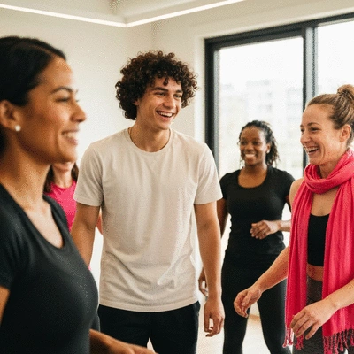 Diverse group of people smiling and interacting in a modern, clean boutique fitness studio, engaged in a class, dynamic lighting, no text, no words, no typography, 8K