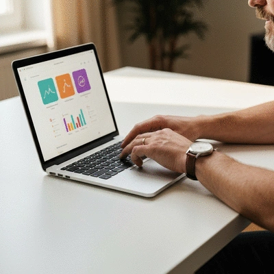Person interacting with an online fitness community on a laptop, close-up, no text, no words, no typography